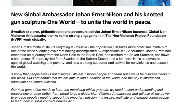 New Global Non-Violence Ambassador Johan Ernst Nilson and his knotted gun sculpture One World - to unite the world in peace.