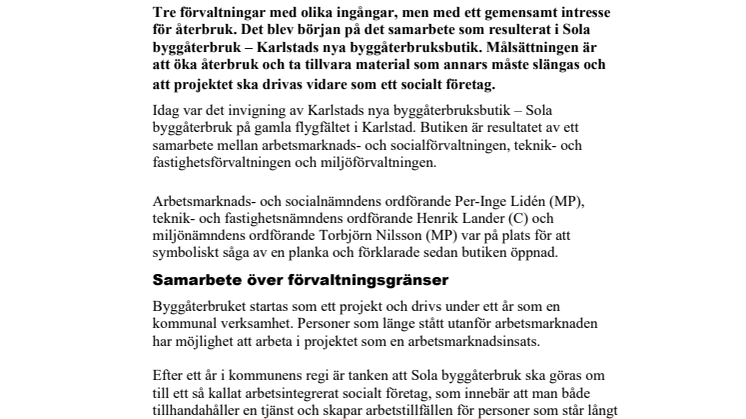 Lyckad premiär för Sola byggåterbruk - Karlstads nya byggåterbruksbutik