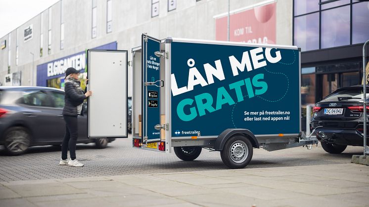 Lokale innbyggere i Drammen kan låne en henger gratis, uavhengig av om de handler i butikken der tilhengerne står eller ikke. Foto: PR.