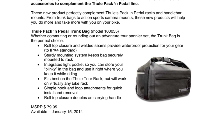 Thule Expands Award Winning Pack ‘n Pedal Product Assortment