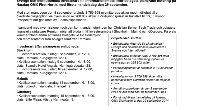 Christian Berner Tech Trade AB (publ) och Remium bjuder in till investerarmöte inför notering