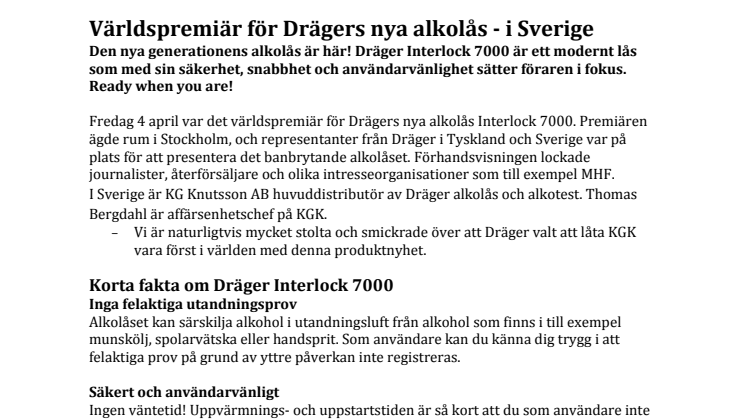 Världspremiär för Drägers nya alkolås - i Sverige