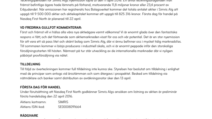 Övertecknad nyemission i Simris Alg