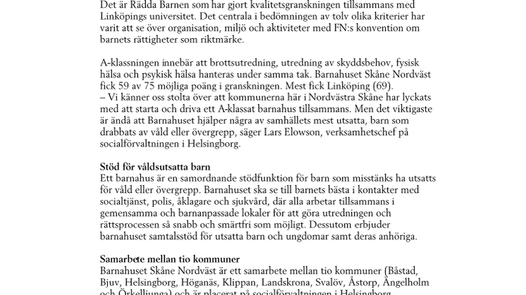 Barnahuset Skåne Nordväst – näst bäst i landet