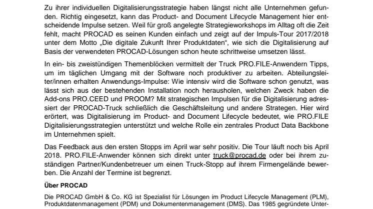 Bundesweit unterwegs: PLM-Anbieter PROCAD geht mit Truck auf Impuls-Tour 