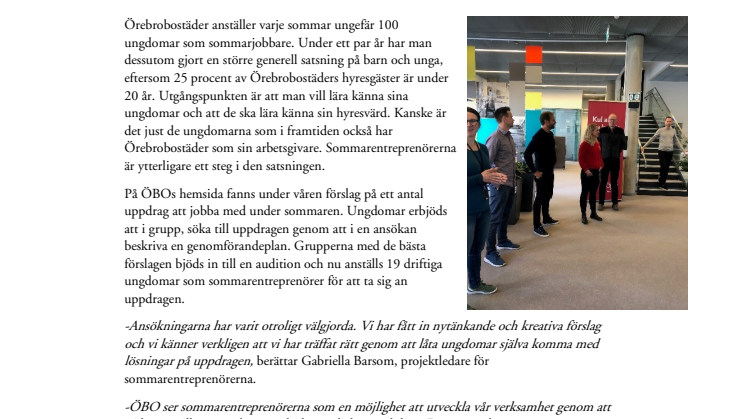 19 ungdomar blir sommarentreprenörer hos Örebrobostäder