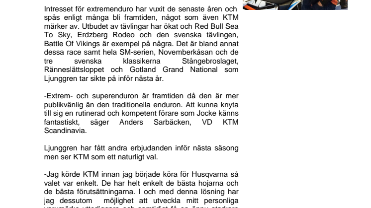 Joakim Ljunggren satsar på ny karriär och skriver på för KTM Scandinavia!