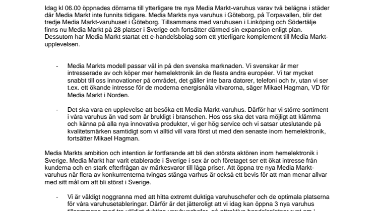 Media Markt växer vidare - öppnar idag tre nya varuhus! 