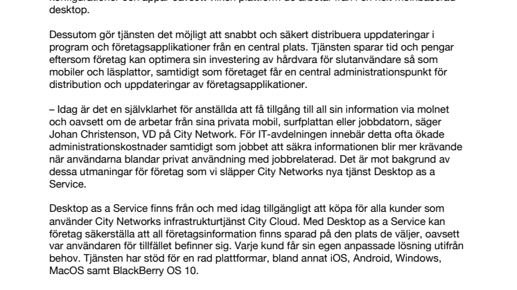 City Network introducerar fler molntjänster – nu lanseras Desktop as a Service