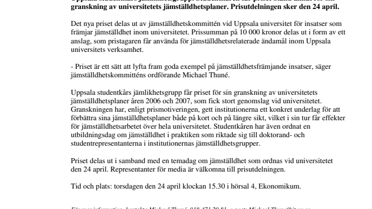 Uppsala studentkår får universitetets nya jämställdhetspris