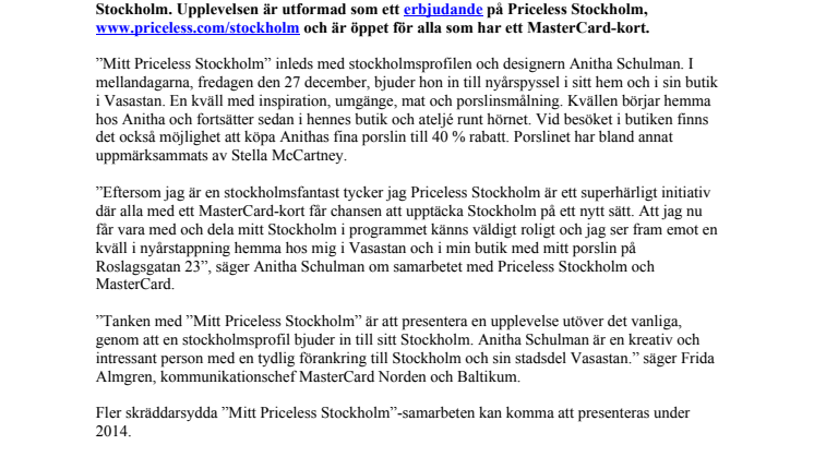 Anitha Schulman bjuder in till ”Mitt Priceless Stockholm” 