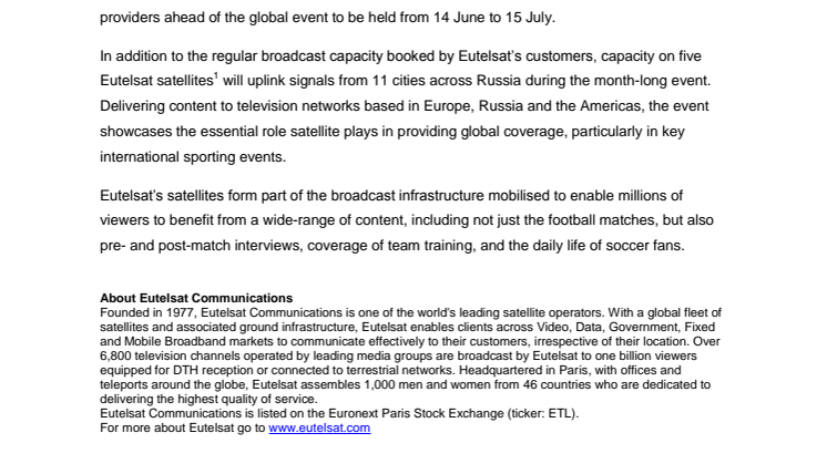 Eutelsat to broadcast 5,500 hours of HD content during the 2018 FIFA World Cup Russia™