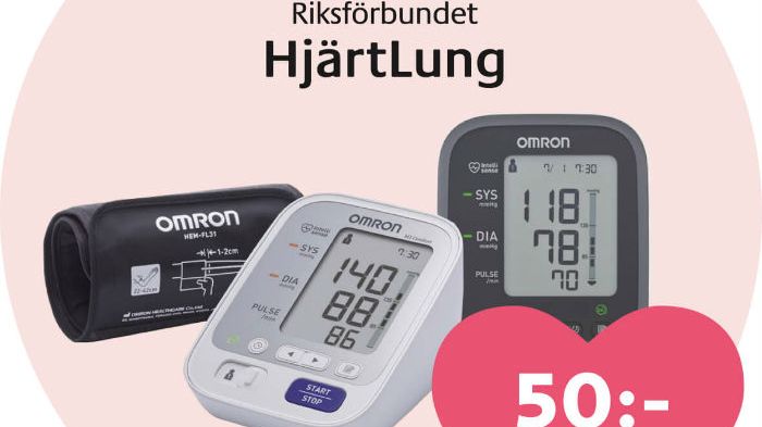 För att stötta ”Hjärtemånaden” skänker Kronans Apotek 50 kronor till Riksförbundet HjärtLung för varje såld blodtrycksmätare av typen Omron M7 Intelli IT och Omron M3 Comfort.