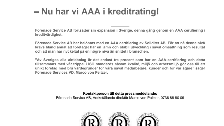 Förenade Service AB - Nu har vi AAA i kreditrating