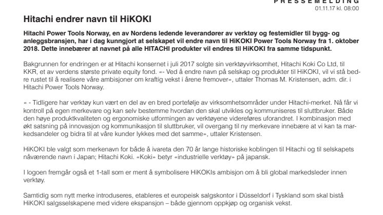 Hitachi endrer navn til HiKOKI