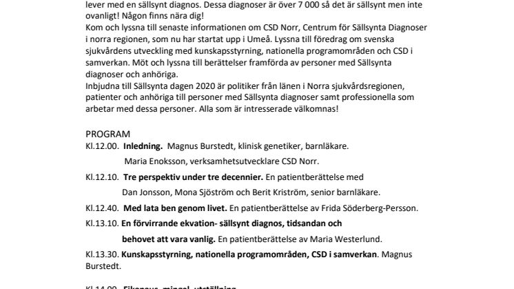 Program för sällsynta dagen i Umeå 21/2 2020