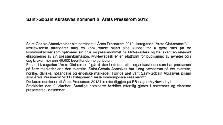 Saint-Gobain Abrasives nominert til årets presserom 2012