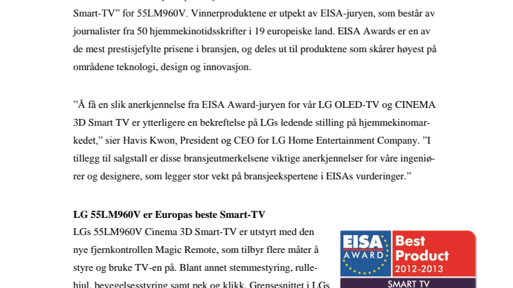 LG HAR EUROPAS BESTE SMART-TV IFØLGE EISA