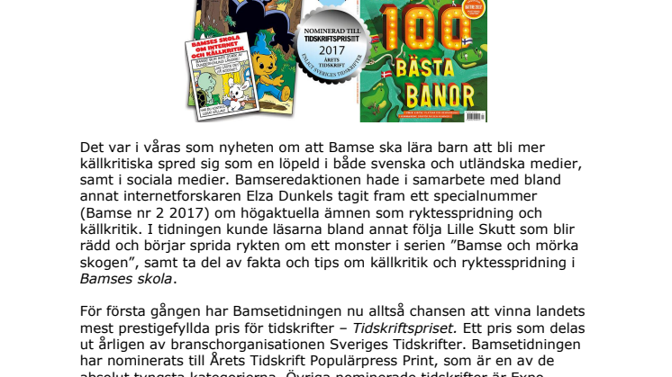 Pressmeddelande Bamse Tidskriftspriset 2017