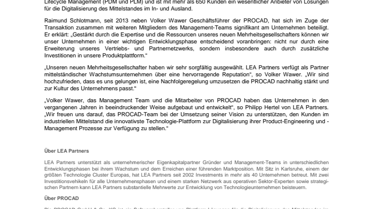 PROCAD beschleunigt Ausbau zur Digitalisierungsplattform sowie internationales Wachstum durch Investment von LEA Partners 