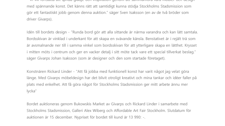  Givarps auktionerar ut unikt konstbord till förmån för Stockholms Stadsmission