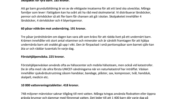 Kort information om produkter från UNICEFs gåvoshop