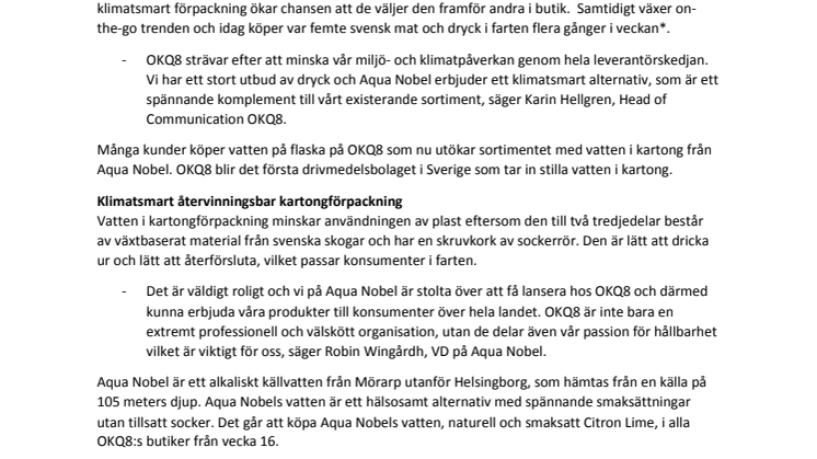Vatten i kartong från Aqua Nobel på alla OKQ8-stationer i Sverige 