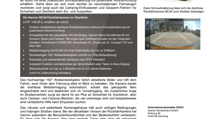 Garmins BC40-Rückfahrkamera ab sofort mit praktischer Schraubhalterung 