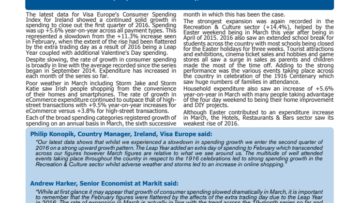 Visa Europe's Irish Consumer Spending Index - 11 April 2016 
