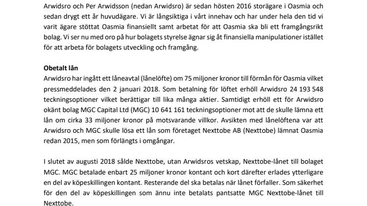 Arwidsro ifrågasätter Oasmias styrelses agerande och  kommunikation 
