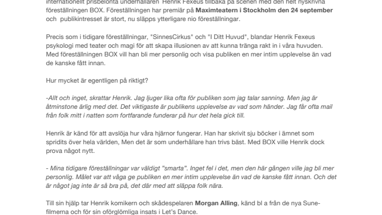 Henrik Fexeus nu släpps extra biljetter 