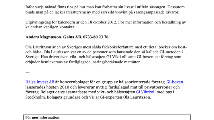 Kostexperten Ola Lauritzson lanserar GI-kalendern 2013 
