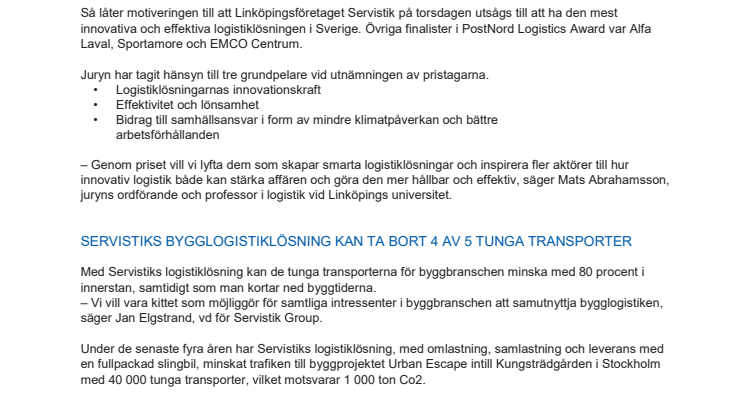 Servistik vinnare av PostNord Logistics Award
