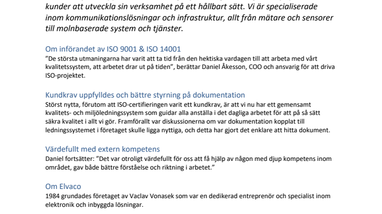 Elvaco AB, certifierade mot ISO 9001 och ISO 14001.  