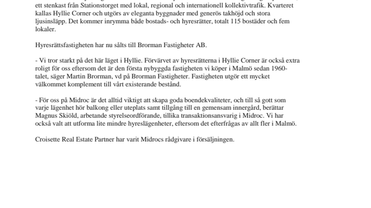 Midroc säljer hyresrättsfastighet i Hyllie, Malmö