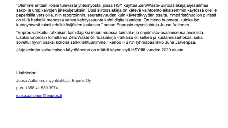 Enpros ja HSY sopimukseen digitaalisen siirtoasiakirjajärjestelmän toimittamisesta.
