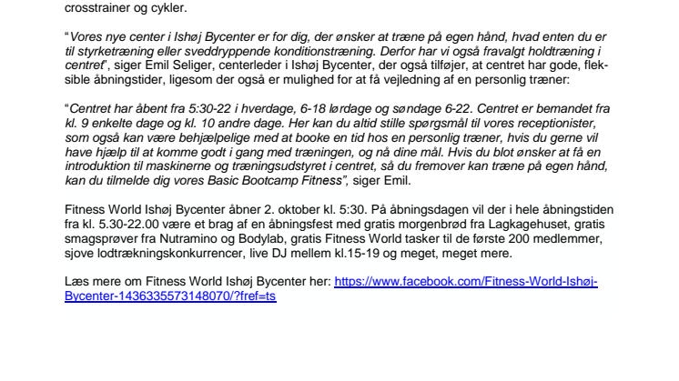 Fitness World åbner nyt center i Ishøj Bycenter 
