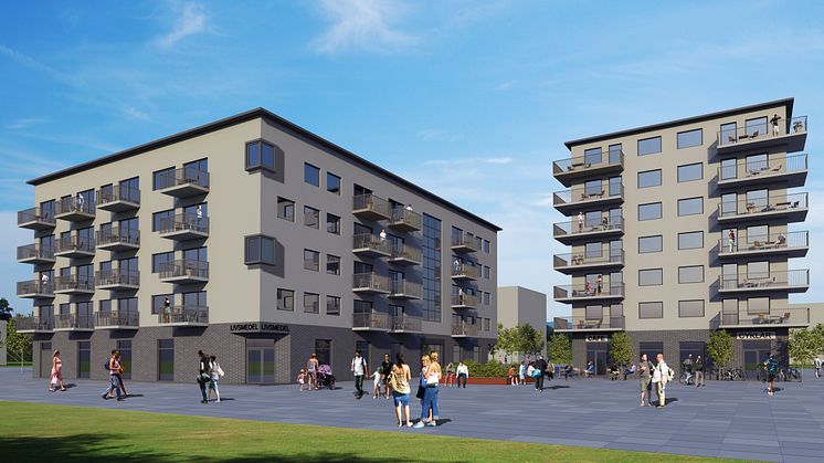 Planerad bebyggelse på fastigheterna Oxievång 7 (t v) och Oxievång 2 (t h). Illustration: Sews Arkitekter / Brinova