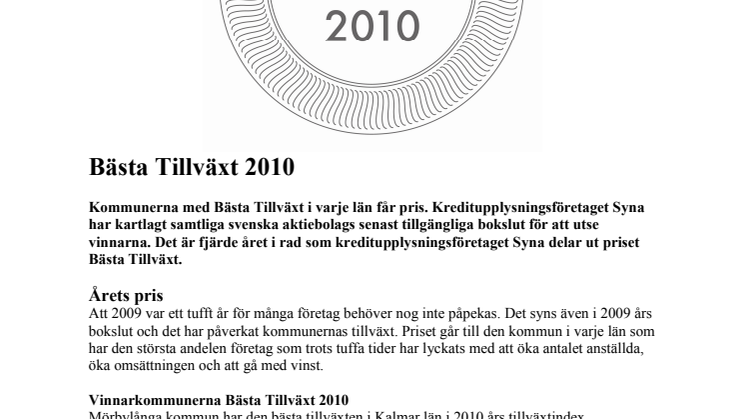 Kommunerna med Bästa Tillväxt 2010