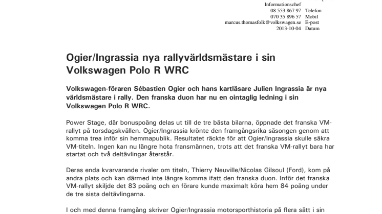 Ogier/Ingrassia nya rallyvärldsmästare i sin Volkswagen Polo R WRC