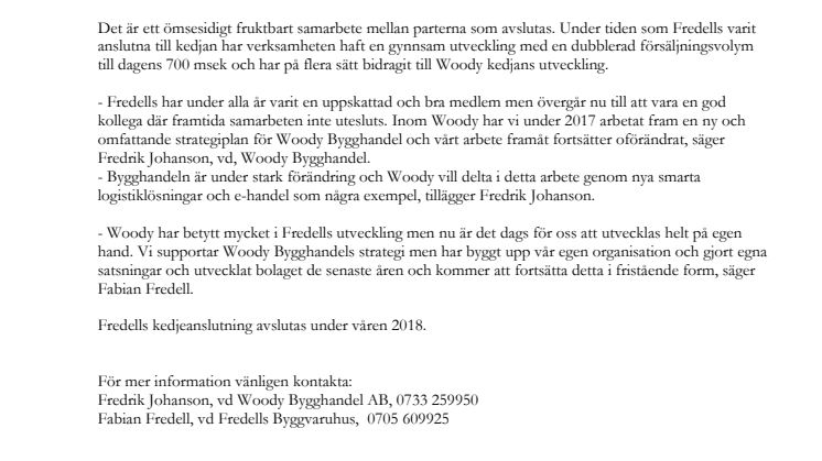 Woody Bygghandel och Fredells Byggvaruhus avslutar mångårigt samarbete