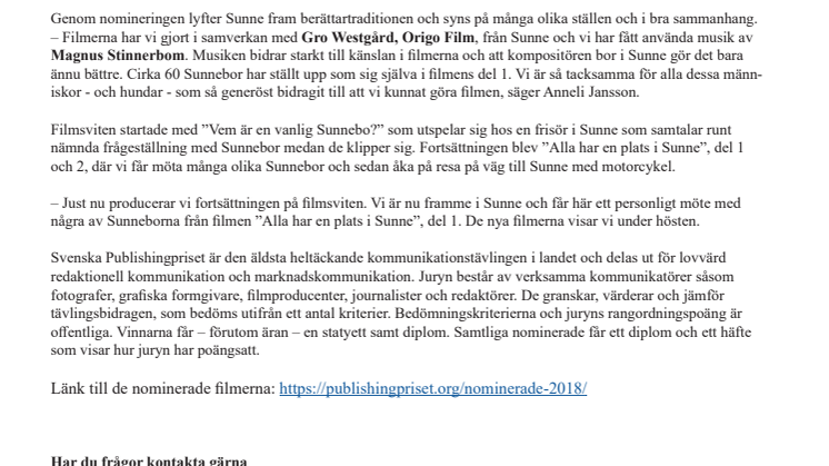 Filmen ”Alla har en plats i Sunne”  nominerad till Svenska Publishingpriset