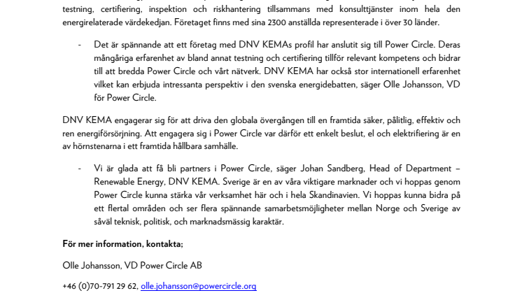 DNV KEMA blir nytt partnerföretag i Power Circle