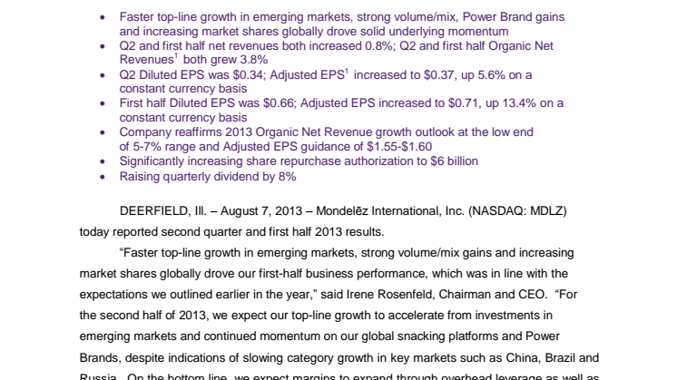 Mondelēz International Reports Second Quarter and First Half 2013 Results