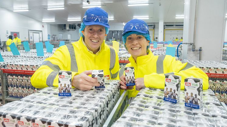 Müller Milk & Ingredients CEO Patrick Müller and Scottish 400 metres hurdles record holder and multiple medallist, Eilidh Doyle at Bellshill Dairy 