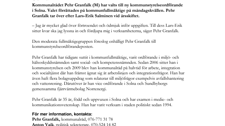 Pehr Granfalk blir ny kommunstyrelseordförande i Solna