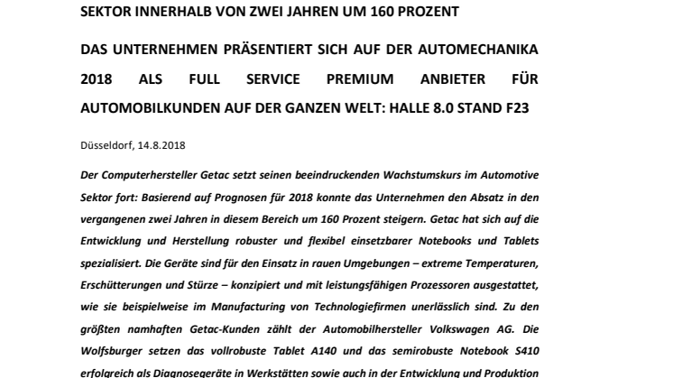 COMPUTERHERSTELLER GETAC STEIGERT ABSATZ IM AUTOMOTIVE SEKTOR INNERHALB VON ZWEI JAHREN UM 160 PROZENT