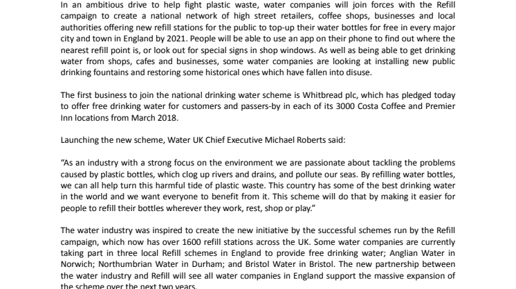 New national drinking water scheme by water companies to cut plastic bottle use by millions