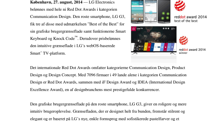 LG G3 OG LG WEBOS PRISBELØNNES I DET PRESTIGEFULDE RED DOT AWARDS 2014