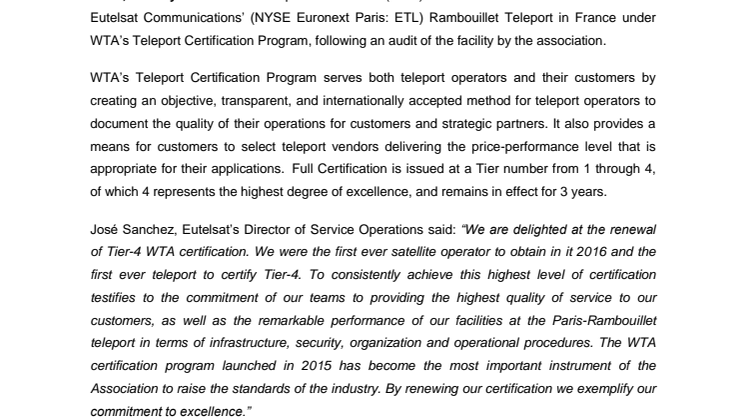 WTA Certification Program Renews Tier 4 Certification of Eutelsat’s Paris-Rambouillet Teleport